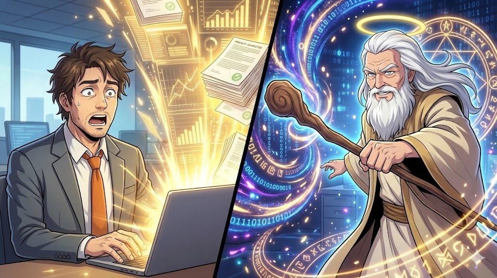 Workspace Business Plusによる「禁断のAI活用」を表現したアニメイラスト。左側でアキ部長がPCから溢れる黄金のデータと成果物に驚愕し、右側で神AIが杖を使ってその強力なAIパワーを解き放っている様子。