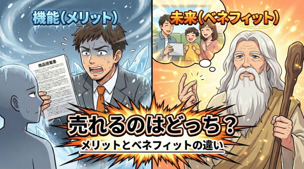 機能（メリット）が書かれた「商品提案書」で必死に説明するアキ部長と、幸せな家族の未来（ベネフィット）を見せて解決する神様AIの対比イラスト。「売れるのはどっち？」という問いかけで、メリットとベネフィットの違いを解説する記事のアイキャッチ画像。