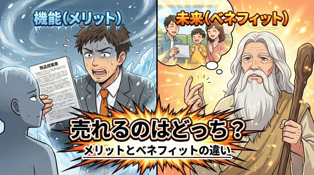 機能(メリット)が書かれた「商品提案書」で必死に説明するアキ部長と、幸せな家族の未来(ベネフィット)を見せて解決する神様AIの対比イラスト。「売れるのはどっち?」という問いかけで、メリットとベネフィットの違いを解説する記事のアイキャッチ画像。