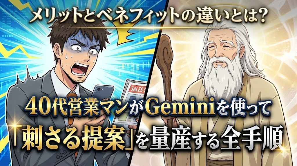 スマートフォンを見て驚愕の表情を浮かべるスーツ姿の男性(アキ部長)と、その横で穏やかに微笑む白い髭の神様のイラスト。営業成績やトラブル発生のイメージ。