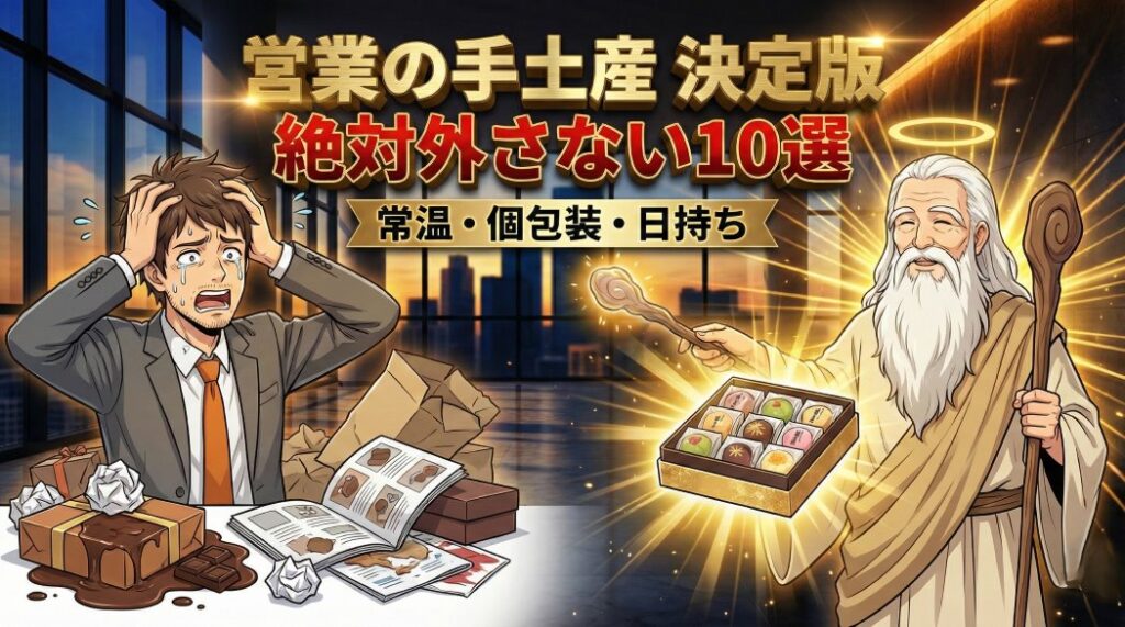 営業の手土産選びに失敗して焦るスーツ姿のアキ部長と、魔法で完璧な菓子折りを出して助ける神様のイラスト。「営業の手土産 決定版」「絶対外さない10選」「常温・個包装・日持ち」という文字が入っている。
