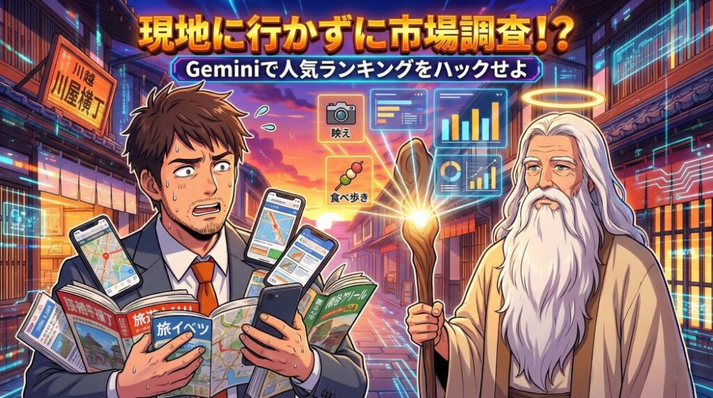 川越・菓子屋横丁の街並みを背景に、大量のガイドブックとスマホを見て困り顔で汗をかくスーツ姿のアキ部長と、輝く杖で空中に分析グラフやお菓子のヒット要因(映え・食べ歩き)を表示して解決策を示す神AIのイラスト。画像には「現地に行かずに市場調査!?」「Geminiで人気ランキングをハックせよ」という文字が入っている。