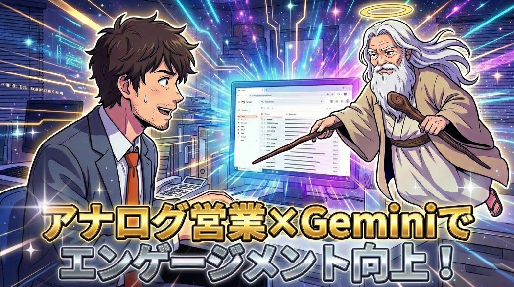 サイバーパンクなネオン光が輝く暗い背景の中で、Gmail画面を指す神AIの杖から青紫の魔法が出て驚くスーツ姿のアキ部長のイラスト。画像下部に、発光する黄色の文字で「アナログ営業×Geminiでエンゲージメント向上！」と書かれている。