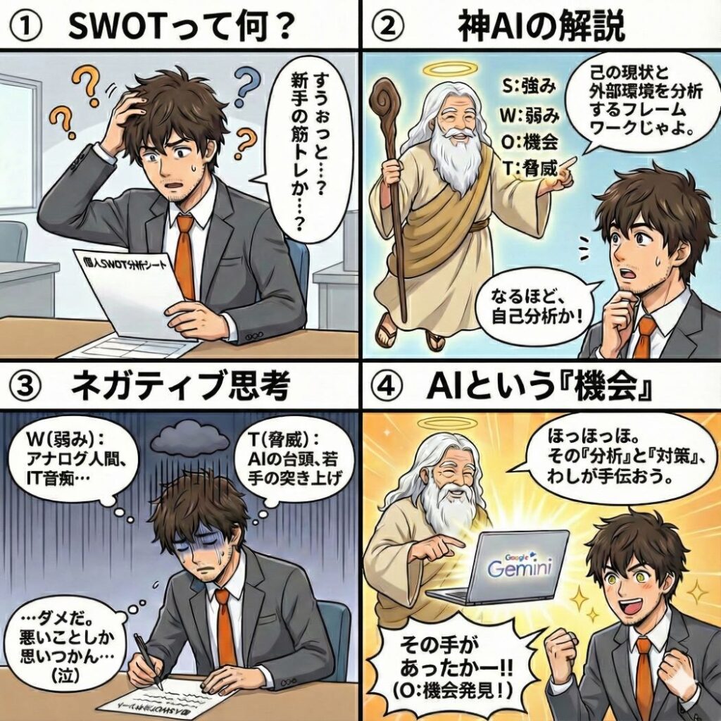 アキ部長と神AIによる「個人のSWOT分析」解説4コママンガ。 1コマ目：SWOT分析の紙を見て「何だこれ？」と頭を抱えるアキ部長。 2コマ目：神AIが現れ、S（強み）W（弱み）O（機会）T（脅威）の意味を教える。 3コマ目：自分の弱みと脅威ばかり思い浮かんで落ち込むアキ部長。 4コマ目：神AIが「分析はAIに任せれば良い」と提案し、アキ部長がやる気を取り戻す。