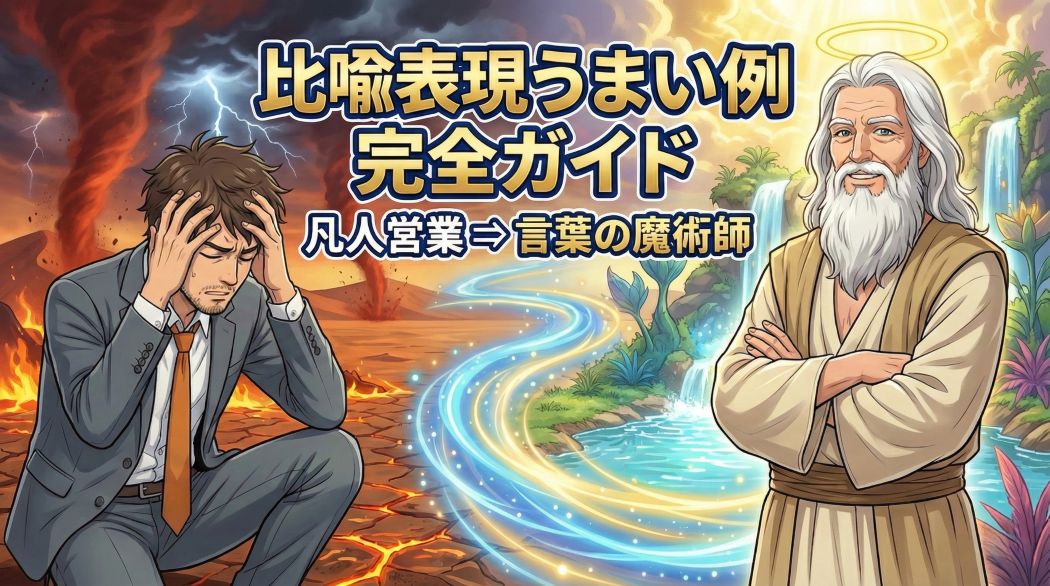 枯れた砂漠で頭を抱えるスーツ姿のアキ部長と、魔法で砂漠をオアシスに変えながら余裕で腕を組む神AIのイラスト。「比喩表現うまい例 完全ガイド」「凡人営業 ⇒ 言葉の魔術師」というタイトル文字が入っている。