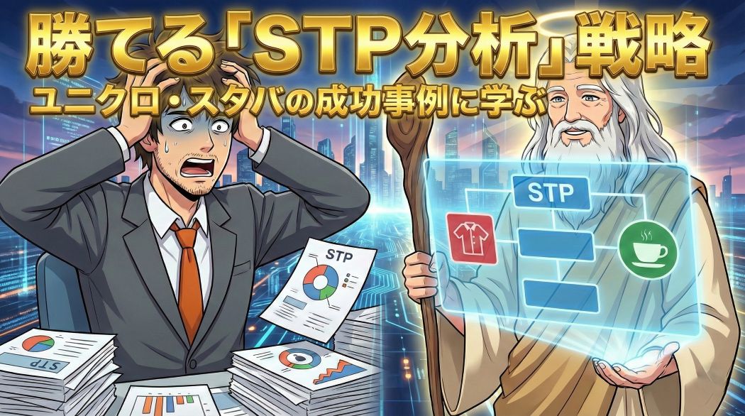 STP分析の膨大な資料を前に頭を抱えて困惑するスーツ姿のアキ部長と、魔法の杖で空中にSTPの成功事例(ユニクロやスタバを模したアイコン)のホログラムを投影して解決策を示す神AIのアニメイラスト。