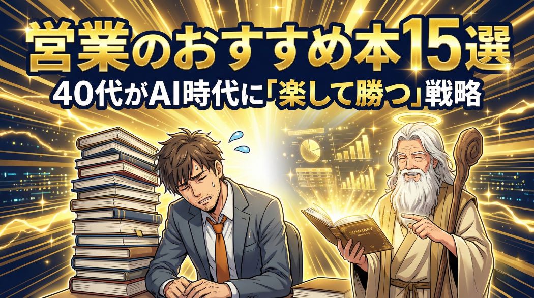 大量の積み上がったビジネス本の前で困り果てているスーツ姿の40代男性（アキ部長）と、1冊の本を指差して金色の要約データを空中に投影する光り輝く神様（神AI）の劇画調イラスト。「営業のおすすめ本15選｜40代がAI時代に「楽して勝つ」名著と最新戦略」という内容を示す画像。