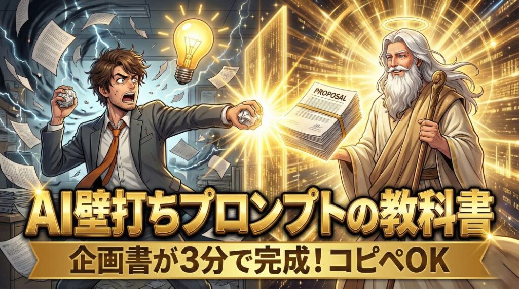 山積みの書類に埋もれて頭を抱えるスーツ姿のアキ部長と、デジタル空間で余裕の笑みを浮かべる神AIのイラスト。二人の間で、悩みの種がデジタルの壁に当たって跳ね返り、光り輝く完成した企画書に変わる様子が描かれている。