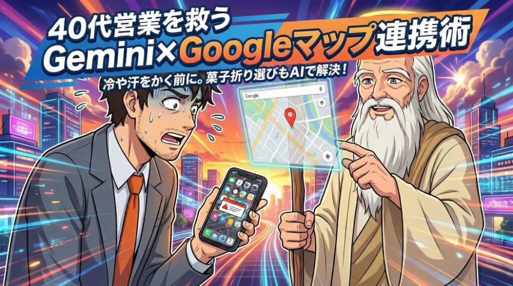 ビジネス街で菓子折りの場所に困りスマホを見て焦るスーツ姿のアキ部長と、魔法の杖でGoogleマップ風の地図を指し示して案内する神AIのイラスト。