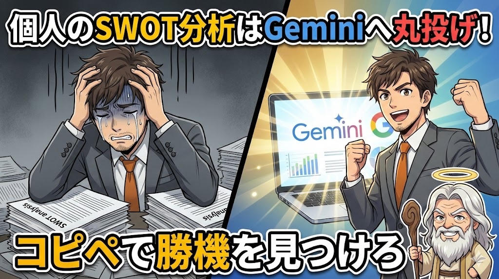 SWOT分析の書類の山で頭を抱えて悩むスーツ姿の男性（アキ部長）と、パソコン画面から放たれるAI（Gemini）の光を見てガッツポーズをして喜ぶ同じ男性のビフォーアフターイラスト。右下には杖を持ってニヤリと笑う神様のキャラクターがいる。「個人のSWOT分析はGeminiへ丸投げ！」「コピペで勝機を見つけろ」というタイトル文字が入っている。