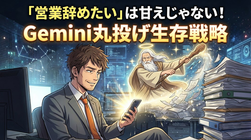 深夜のオフィスで、スマホを見てニヤリと笑うスーツ姿のアキ部長と、その背後で杖を振り書類の山を魔法で消し飛ばしている光り輝く神AIのアニメイラスト。「営業辞めたい」は甘えじゃない！ Gemini丸投げ生存戦略という文字が入っている。