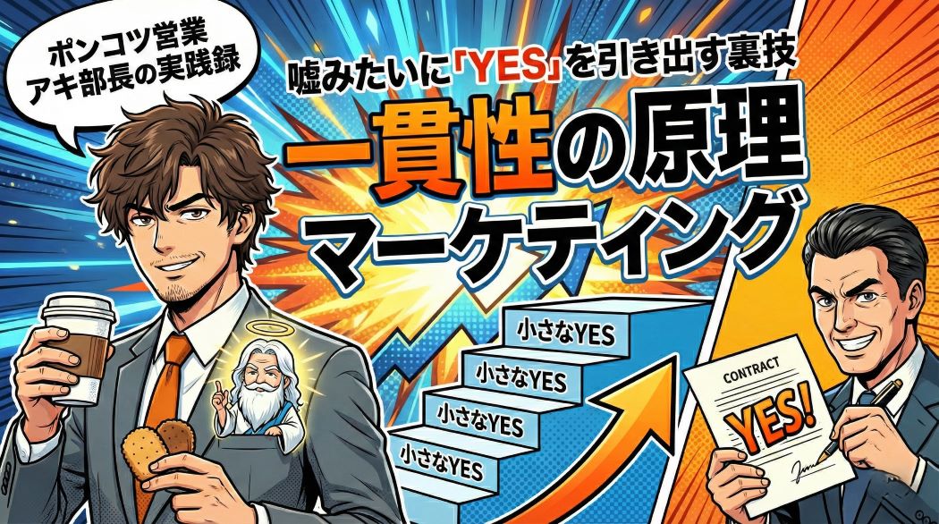 一貫性の原理マーケティングのアイキャッチ画像。小さなYESと書かれた階段を登り、コーヒーとサブレを持つ自信満々なアキ部長と、胸ポケットからドヤ顔で顔を出す神AI。右側では強面のバイヤーが笑顔で契約書にYES!とサインしている。ポップなコミックイラスト調。