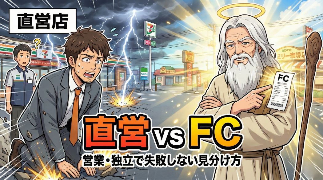 コンビニやファミレスが並ぶ日本のロードサイドで、汗をかいて「直営店」の店長に土下座しようと焦るスーツ姿のアキ部長と、腕を組んでドヤ顔で「FC」と書かれたレシートを指差す神AIのアニメイラスト。「直営 vs FC 営業・独立で失敗しない見分け方」というタイトル文字が入っている。