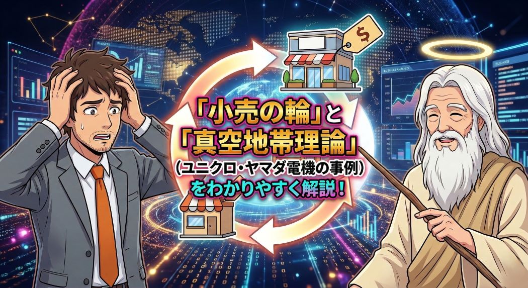 インパクトのあるゴールドとオレンジのタイトルテキスト「「小売の輪」と「真空地帯理論」」を中央に配置し、混乱するアキ部長と笑顔で解説する神AIが複雑な量子データネットワークの背景に描かれたイラスト