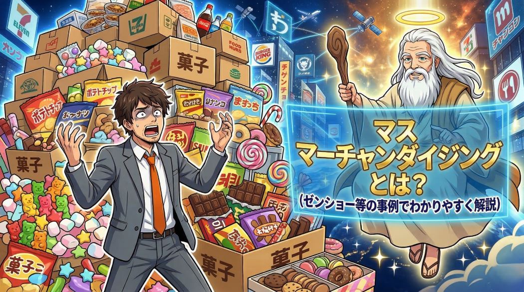 巨大なお菓子やスイーツ(ポテトチップス、チョコレート、キャンディ、クッキー)の山に埋もれて焦るスーツ姿のアキ部長と、ホログラムディスプレイで「マス マーチャンダイジング」を余裕の笑顔で解説する神AI(光輪、杖付き)のイラスト。背景のコンビニやスーパーのロゴもお菓子のパッケージに合わせた色調に。