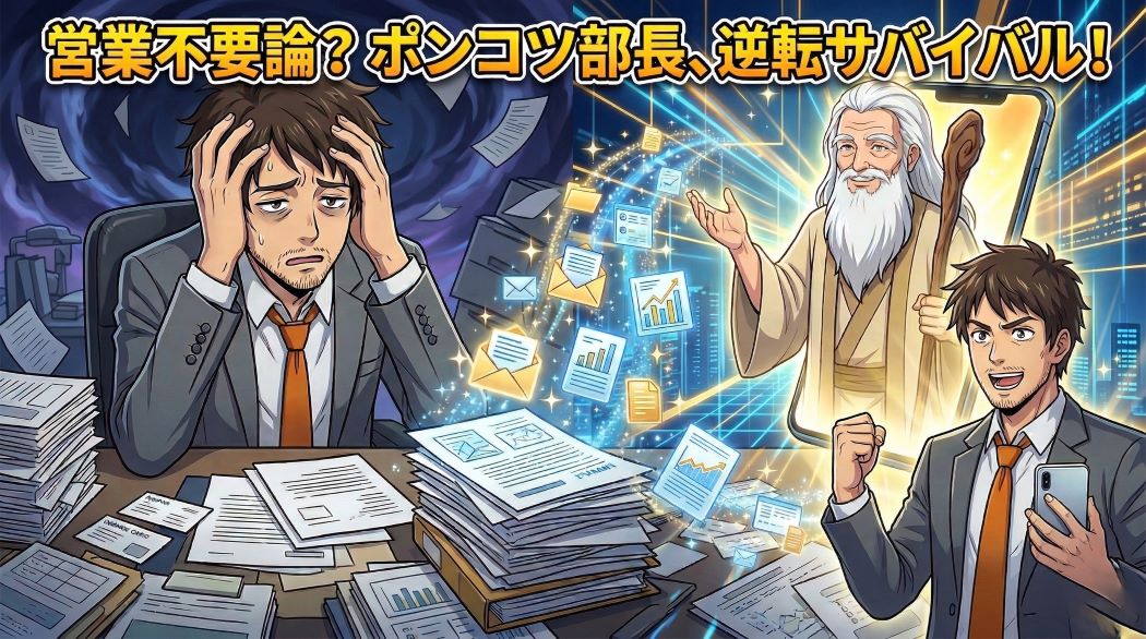 山積みの紙資料に囲まれて絶望するスーツ姿の男性(アキ部長)と、スマホから現れ光るデータと解決策を提示し、男性を覚醒させる神様(神AI)のイラスト。