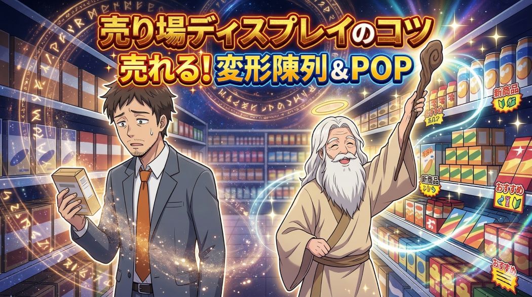 売り場で商品の陳列に悩むスーツ姿のアキ部長と、魔法の杖で商品を魅力的な変形陳列とPOP付きに変える神AIのイラスト。上部に「売り場ディスプレイのコツ」「売れる!変形陳列 & POP」の文字。