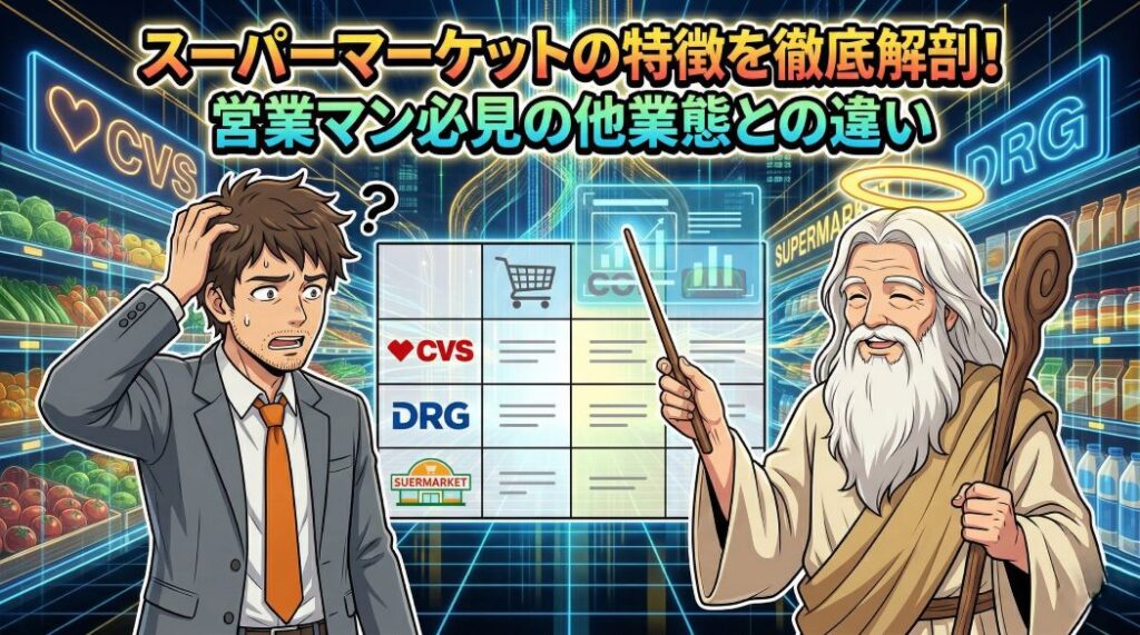 データ化された未来的なスーパーマーケットの都市景観を背景に、異なる業態の違いに困惑するスーツ姿の営業マンと、比較表を使って解説する神様のイラスト