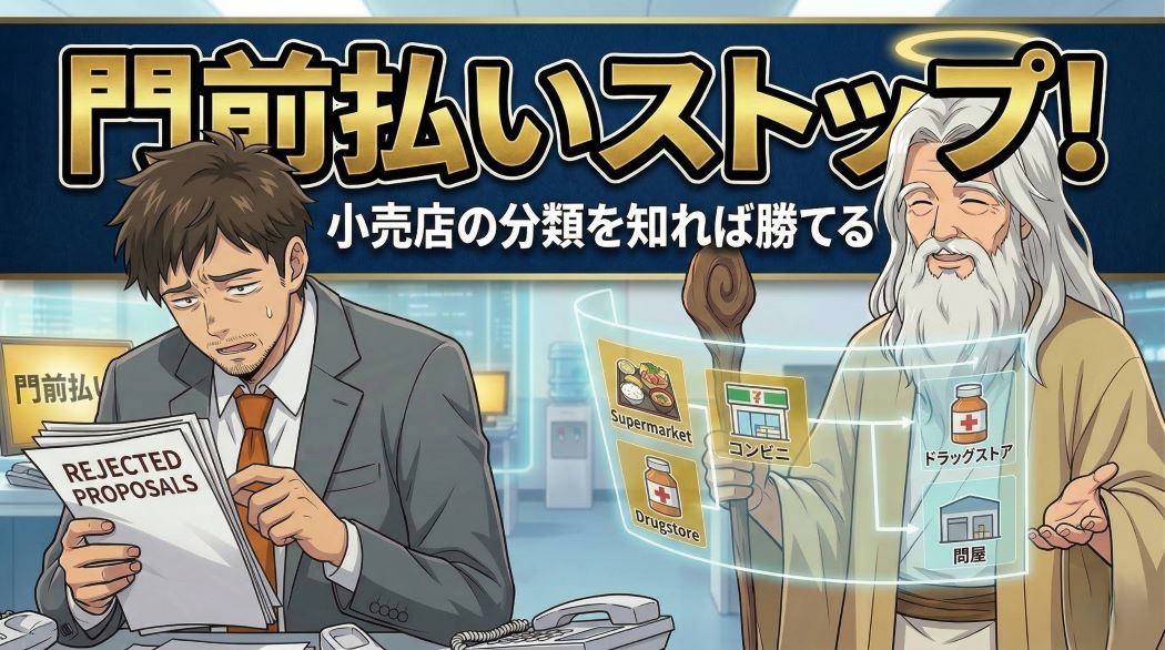 却下された提案書に頭を抱えるスーツ姿の営業男性(アキ部長)の横で、1本の杖を持ち、穏やかな笑顔でホログラムスクリーンを指し示し、小売店の分類を解説する光輪のある神様のイラスト。ブログ記事『小売店の分類を知れば勝てる』のアイキャッチ。