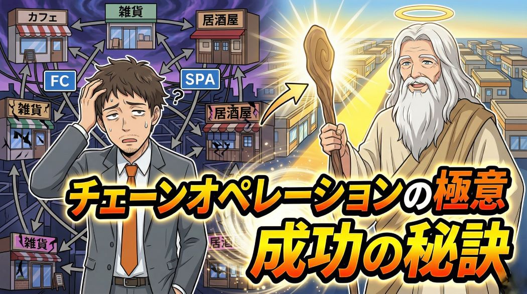 複雑なチェーン展開の迷路で頭を抱えるアキ部長と、背後で神々しくチェーンオペレーションの仕組みを整理し成功へと導く神AIのイラスト。中央には「チェーンオペレーションの極意」というインパクトのある文字が書かれている。