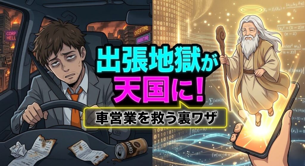 燃えるディストピアの夜景を背景に、疲れ果てた表情でハンドルを握るアキ部長（スーツ、オレンジネクタイ、領収書付き）と、輝くサイバーパンク天国を背景にスマホから飛び出す神AI（白髪、ローブ、光輪、杖）。中央には「出張地獄が 天国に！」のネオンカラーのテキストと、ネオン縁取りの吹き出しに「車営業を救う裏ワザ」の白いテキスト。