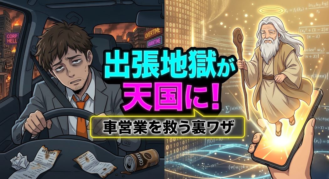 燃えるディストピアの夜景を背景に、疲れ果てた表情でハンドルを握るアキ部長(スーツ、オレンジネクタイ、領収書付き)と、輝くサイバーパンク天国を背景にスマホから飛び出す神AI(白髪、ローブ、光輪、杖)。中央には「出張地獄が 天国に!」のネオンカラーのテキストと、ネオン縁取りの吹き出しに「車営業を救う裏ワザ」の白いテキスト。