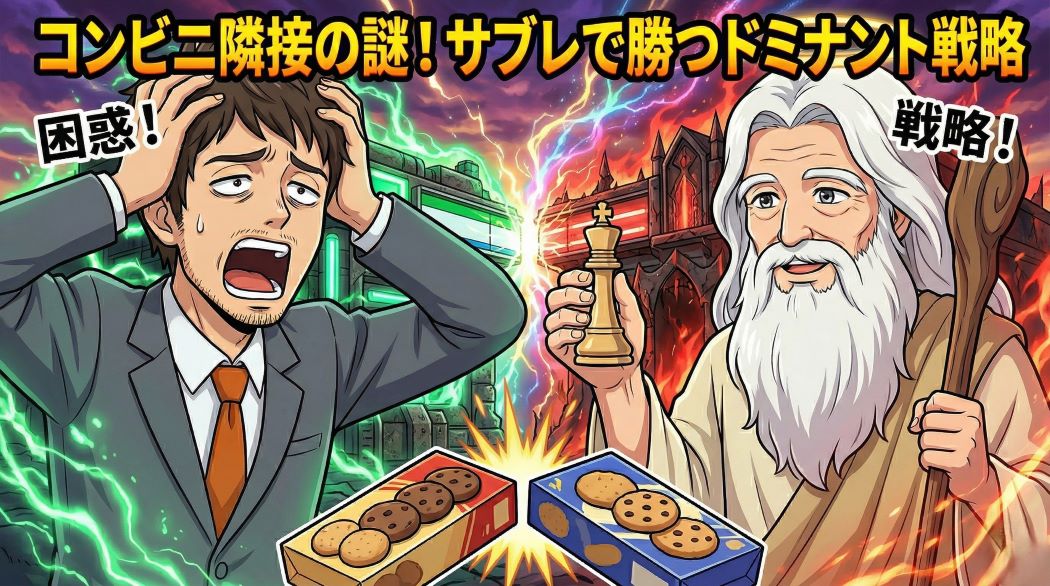 隣接するコンビニの前で頭を抱えるスーツ姿の男性と、チェスの駒を持つ神様のイラスト